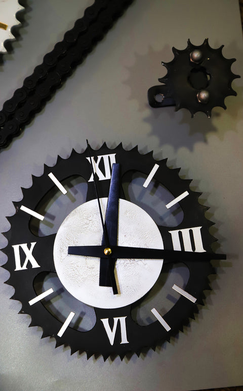 Vintage Motorbike Sprocket Wall Clock | Silver Black