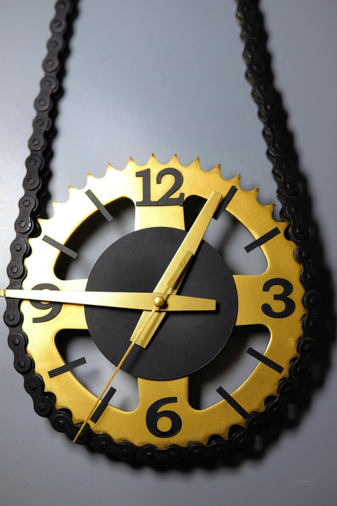Vintage Motorbike Sprocket Wall Clock | Golden Black - Synthetic time