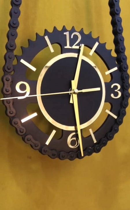 Vintage Motorbike Sprocket Wall Clock | Premium Golden black - Synthetic time